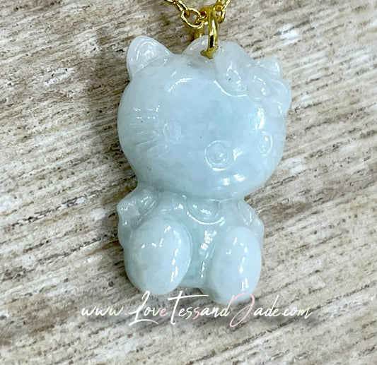 Kitty Kitty | Crystal |  Natural | Healing Crystal | Hand-Craved | Gemstone | Burmese Jade | Pendant | Necklace | 925 Plated Chain