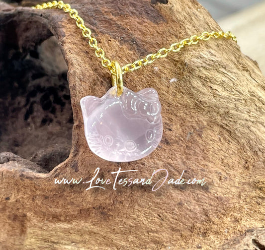 Kitty Head | Crystal |  Natural | Healing Crystal | Hand-Craved | Gemstone | Rose Quartz | Pendant | Necklace | 925 Plated Chain